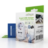 Зарядний пристрій 2 USB по 2.1 A з наскрізною розеткою