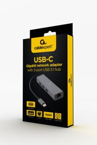 Адаптер, з USB-С на Gigabit Ethernet, 3 Ports USB 3.1 Gen1 (5 Gbps), 1000 Mbps, метал, сірий