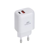RIVACASE
Мережевий зарядний пристрій, 1 USB-A + 1 Type-C, QC 3.0+PD 20 Вт, білий