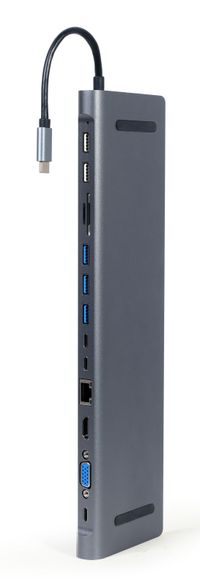 Док станція USB-C 9-в-1 (USB-хаб + HDMI/VGA/PD/картридер/LAN/3.5-мм аудіо), сірий