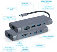 Док станція USB-C 7-в-1 (концентратор 3.0/HDMI/VGA/PD/картридер/LAN/стереозвук), сірий