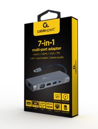 Док станція USB-C 7-в-1 (концентратор 3.0/HDMI/VGA/PD/картридер/LAN/стереозвук), сірий