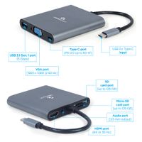 Док станція USB-C 6-в-1 (Hub3.1/HDMI/VGA/PD/картридер/стерео аудіо), сірий