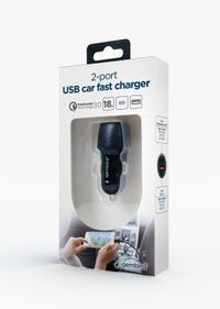 Автомобільний зарядний пристрій, 2 порти, 18 Вт, QC3.0+PD, пластик, чорний