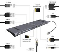 Док станція USB-C 11-в-1 (USB-хаб + HDMI/VGA/PD/картридер/LAN/3.5-мм аудіо), сірий