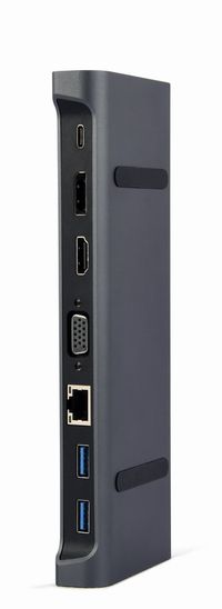 Cablexpert
Док станція USB-C 9-в-1 (USB-хаб + HDMI/VGA/DisplayPort/PD/картридер/LAN/3.5-мм аудіо), сірий