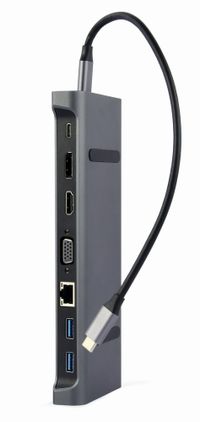 Док станція USB-C 9-в-1 (USB-хаб + HDMI/VGA/DisplayPort/PD/картридер/LAN/3.5-мм аудіо), сірий