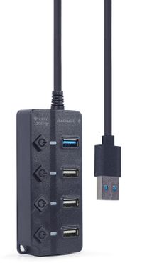 Хаб на 4 порти (1xUSB3.1 + 3xUSB2.0), з вимикачами, пластик, чорний