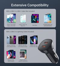 Автомобільний зарядний пристрій, 2 USB-C, 40Вт, PD, чорний