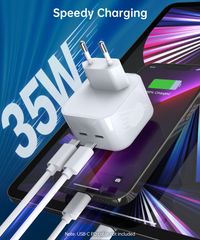 Мережевий зарядний пристрій, 2 USB-С, 35 Вт, PD/QC