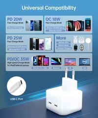 Мережевий зарядний пристрій, 2 USB-С, 35 Вт, PD/QC