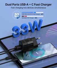 Мережевий зарядний пристрій, GaN, USB-A/USB-C, 33Вт, QC3.0/PD/PPS