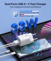 Мережевий зарядний пристрій, GaN, USB-A/USB-C, 33Вт, QC3.0/PD/PPS
