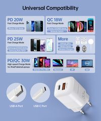 Мережевий зарядний пристрій, GaN, USB-A/USB-C, 33Вт, QC3.0/PD/PPS
