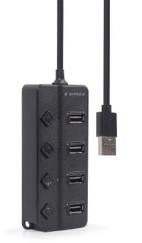 Хаб на 4 порти USB 2.0, з вимикачами, пластик, чорний