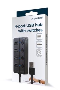 Хаб на 4 порти USB 2.0, з вимикачами, пластик, чорний