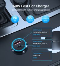 Автомобільний зарядний пристрій, USB-C+USB-A, 60Вт, QC3.0/PD/PPS, чорний