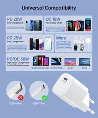 Мережевий зарядний пристрій, GaN, USB-C, 30Вт, QC3.0/PD/PPS