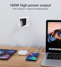 Мережевий зарядний пристрій, GaN, 2 USB-A / 2 USB-C, 140Вт, QC3.0/PD/PPS