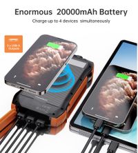 Портативний зарядний пристрій, 20000 mAh, PD20W+QC18W, сонячна панель, QI, LED лампа