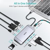 Док станція USB-C 9-в-1 (HDMI/VGA/картридер/LAN/USB-A), алюміній