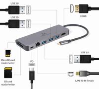 Док станція USB-C 5-в-1 (хаб/HDMI/PD / Кард рідер / LAN), сірий