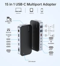 Док станція USB-C 15-в-1 (HDMI / PD / картридер / LAN / USB-A / USB-C Аудіо), алюміній