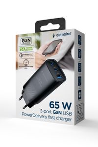 Мережевий ЗП, 1xUSB-A (QC3.0 27W)+2xType-C (PD 65W), чорний