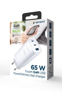 Мережевий ЗП, 1xUSB-A (QC3.0 27W)+2xType-C (PD 65W), білий