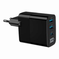 Мережевий ЗП, 2хUSB-A (QC3.0 18W) + 1хType-C (PD20W), LCD, чорний