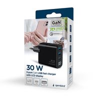 Мережевий ЗП, 2хUSB-A (QC3.0 18W) + 1хType-C (PD20W), LCD, чорний
